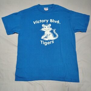 VINTAGE Hanes Heavyweight 50/50 Victory Blvd Tigers T-Shirt Blue Medium Tee